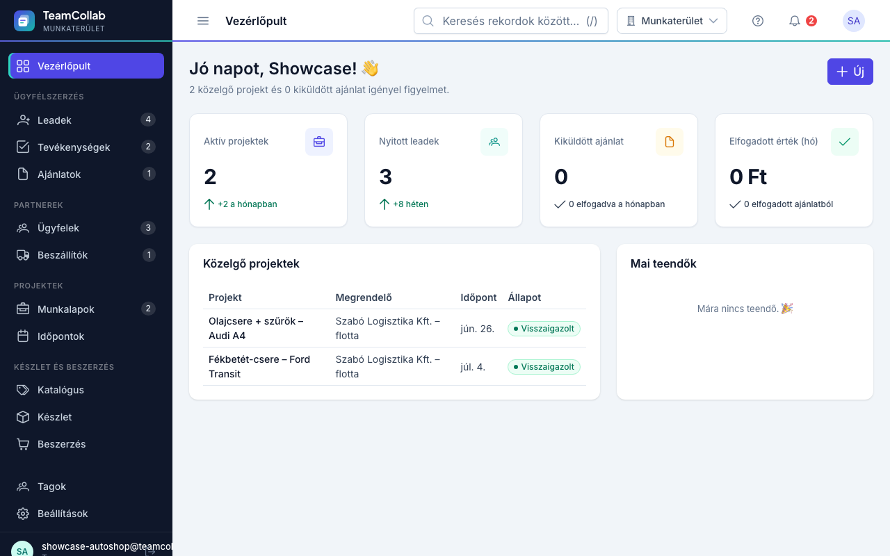 TeamCollab munkaterület autószerviz számára (Munkalapok, Alkatrész-készlet, Beszerzés)