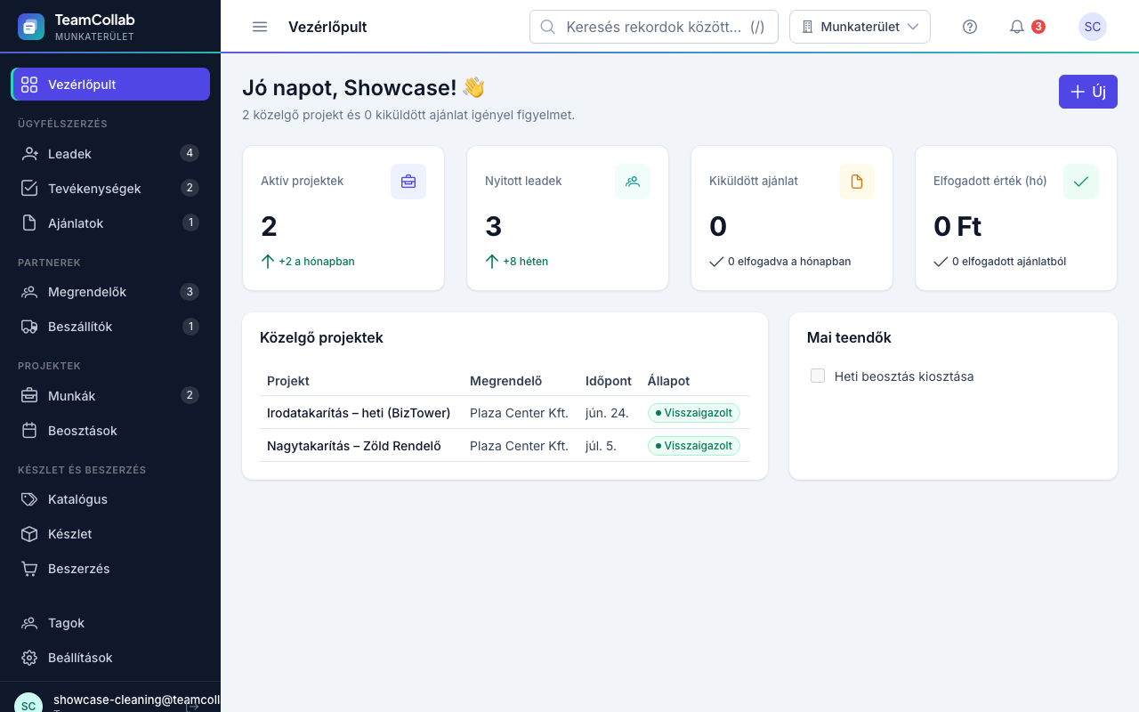 TeamCollab munkaterület takarító- / karbantartó cég számára (Megrendelők, Munkák, Beosztások)