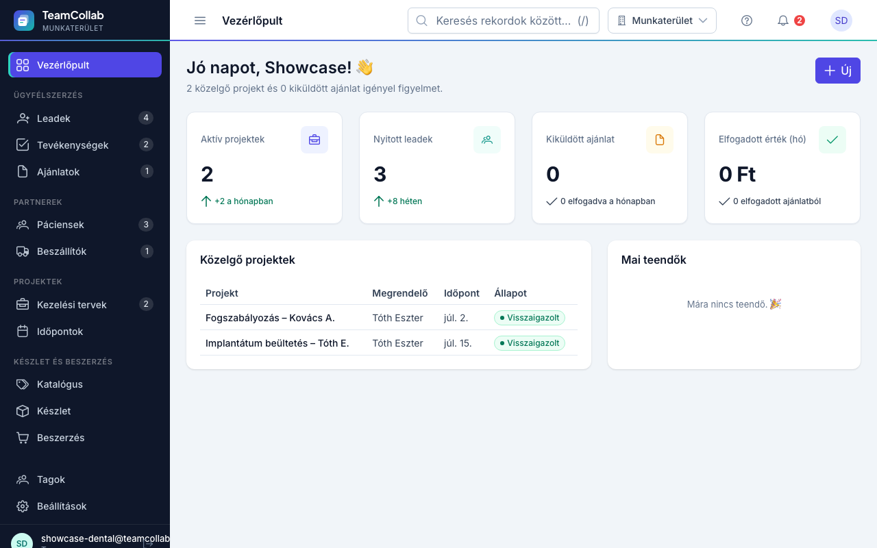 TeamCollab munkaterület fogászati rendelő számára (Páciensek, Kezelési tervek, Időpontok)