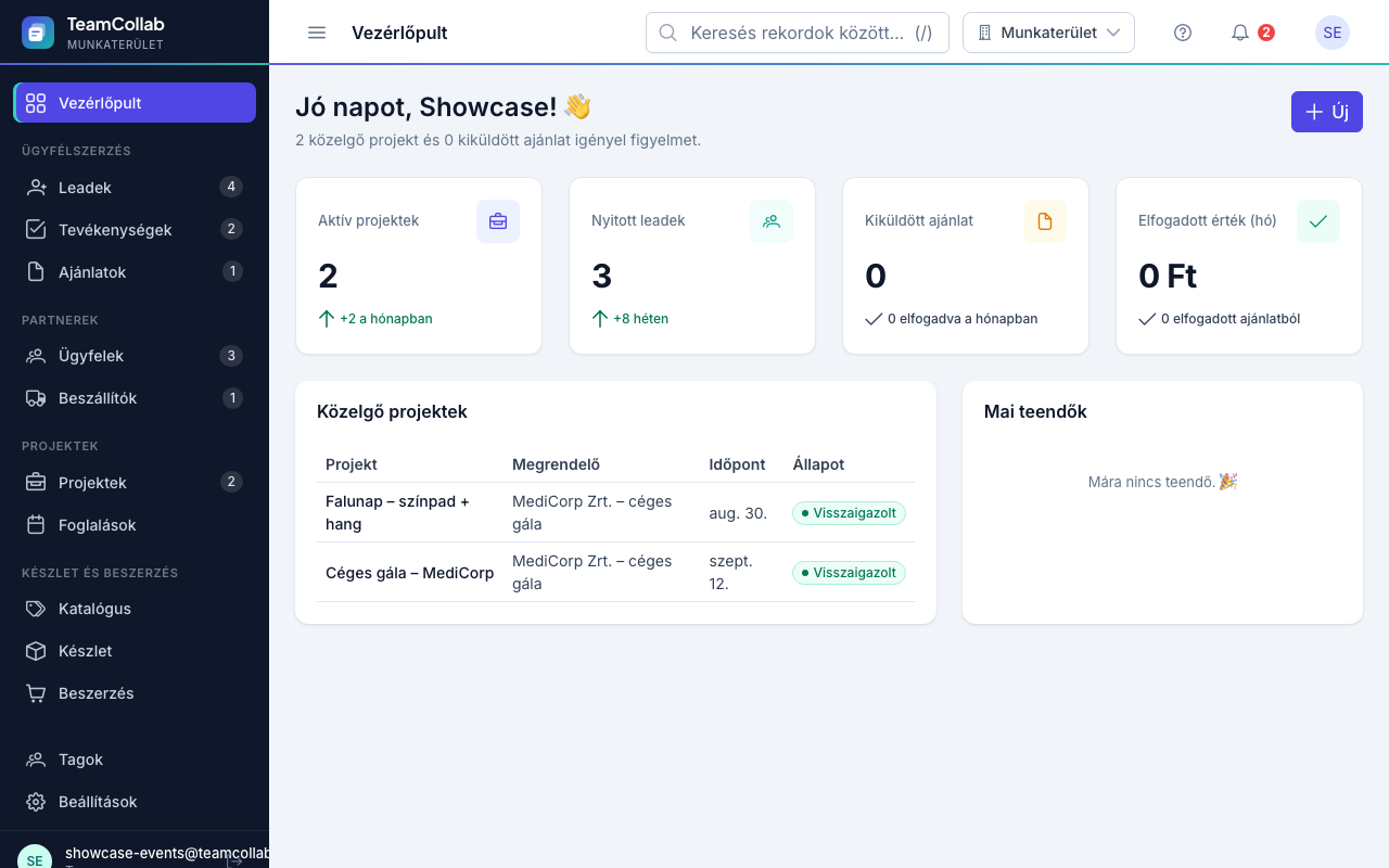 TeamCollab munkaterület rendezvényszervezés számára (Ügyfelek, Rendezvények, Foglalások)