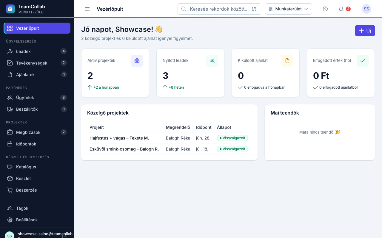 TeamCollab munkaterület szépségszalon számára (Ügyfelek, Megbízások, Időpontok)