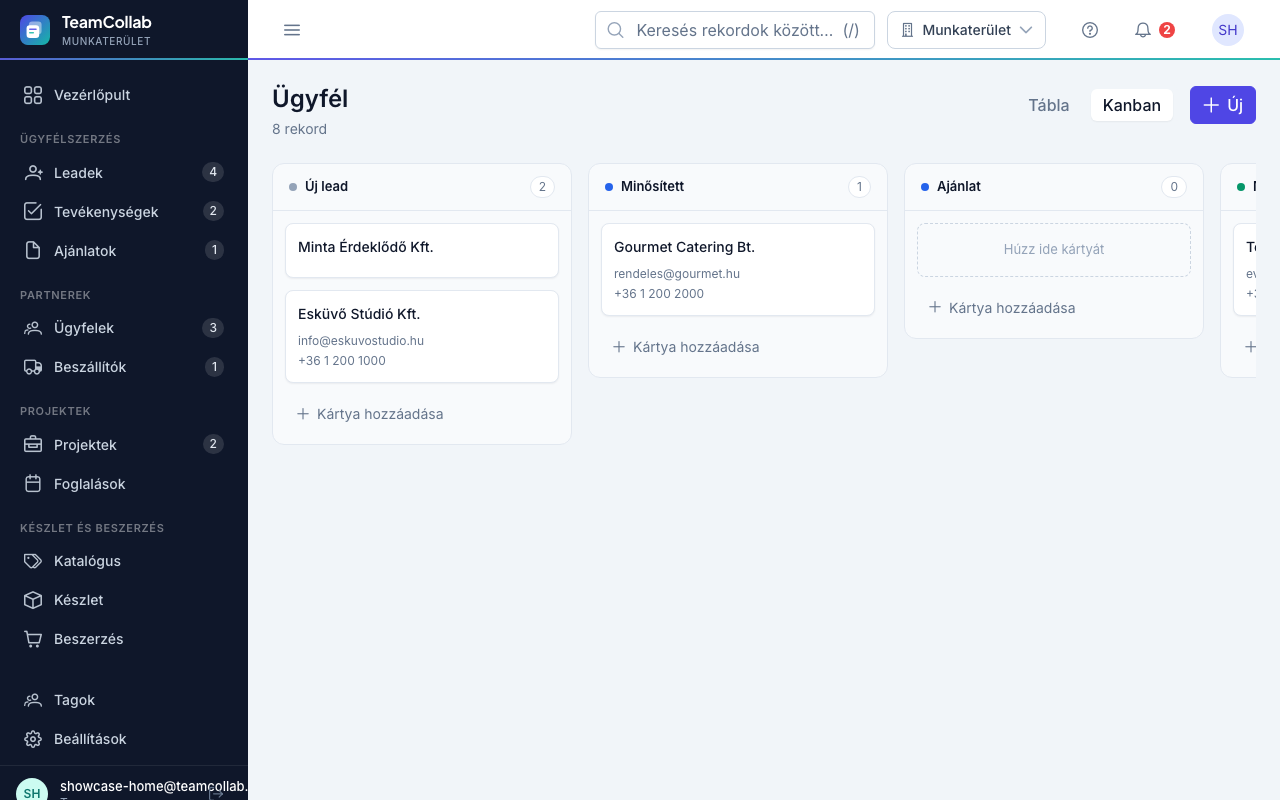 TeamCollab CRM értékesítési pipeline kanban nézetben, leadekkel szakaszonként