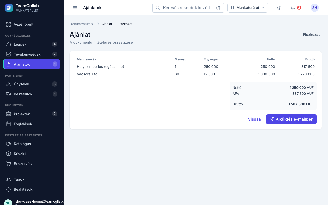 TeamCollab ajánlat-szerkesztő: tételek, valamint nettó, ÁFA és bruttó összegzés